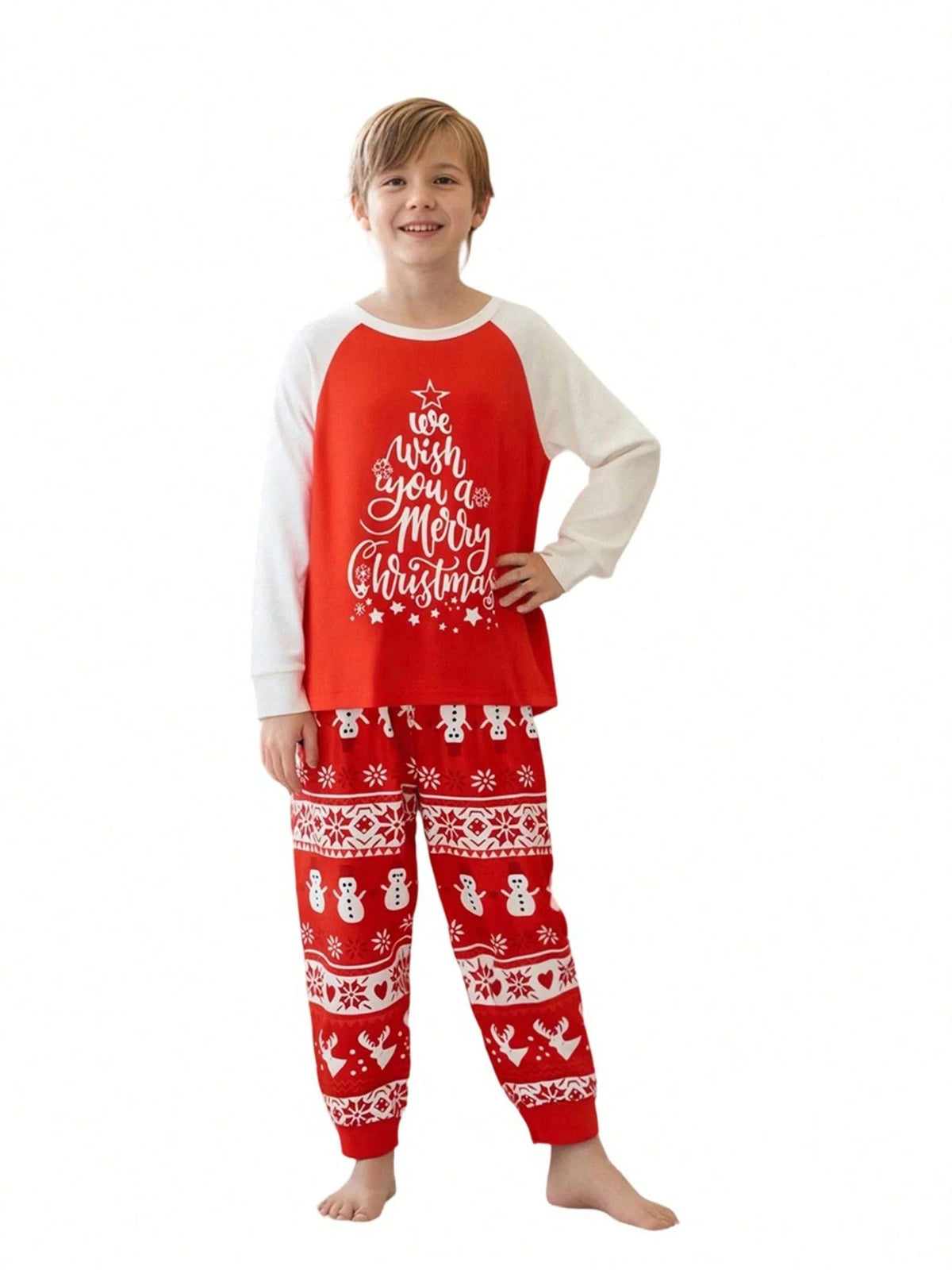 Red Christmas Pajama Set with Long Sleeves and Side Pockets