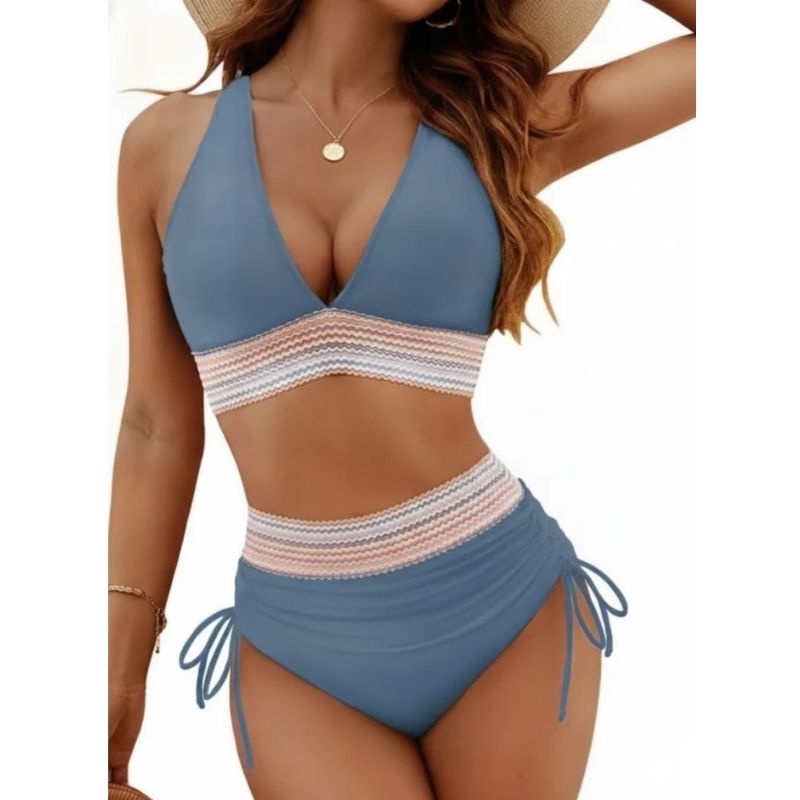 Womens High Waisted Bikini, Chevron Textured Trim Two Pieces Swimsuit, Ruched Drawstring Bathing Suit