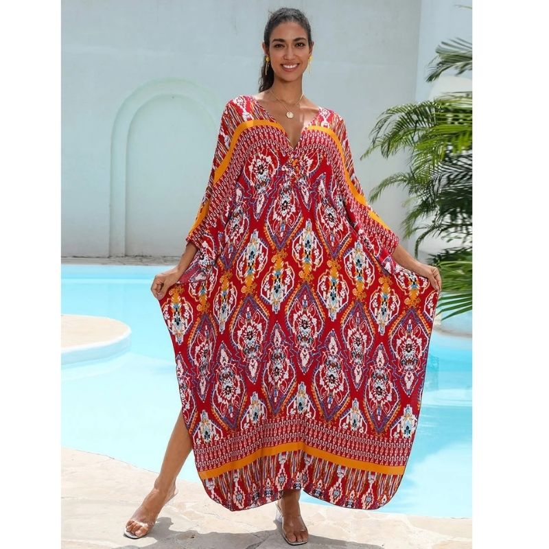 Moomoo Dresses for Women, Plus Size Hawaiian Batwing Sleeve Kaftan Beach Cover Up Dress