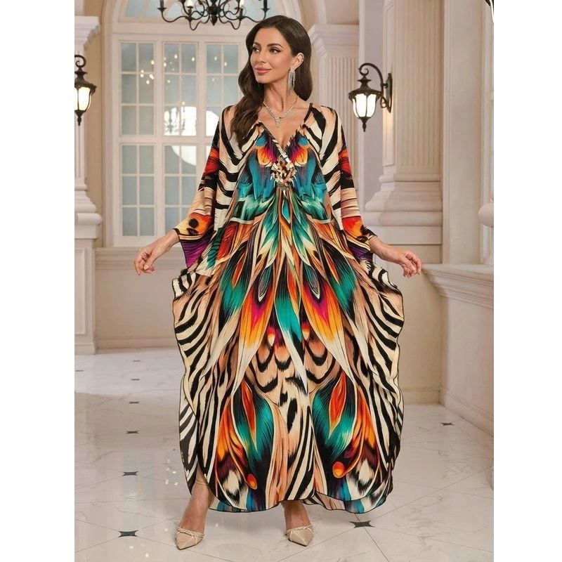 Moomoo Dresses for Women, Plus Size V Neck Batwing Sleeve Floral Kaftan Beach Cover Up Dress