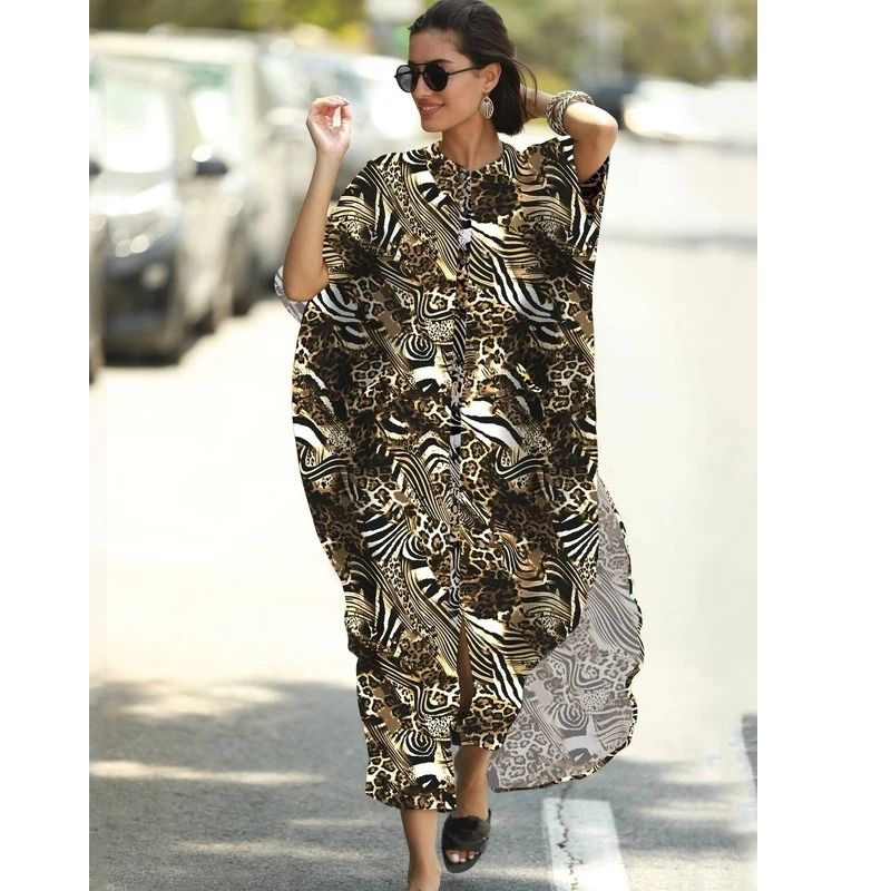Moomoo Dresses for Women, Plus Size Ethnic Print Kaftan Dress, Mrs Roper Bubu Mumu Boho V Neck 3 Quarter Sleeve Tunic