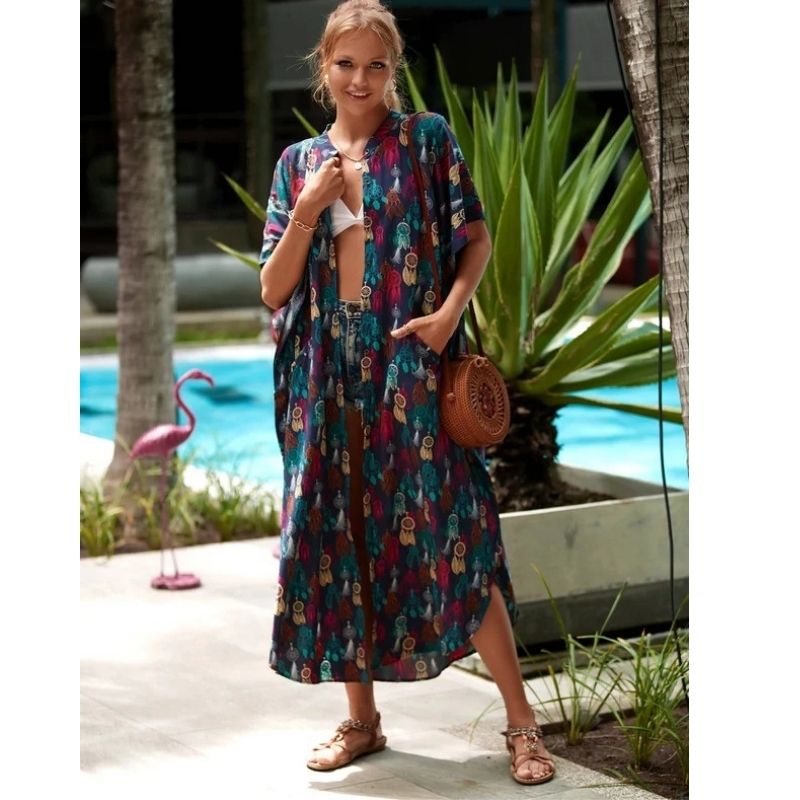 Moomoo Dresses for Women, Plus Size Ethnic Print Kaftan Dress, Mrs Roper Bubu Mumu Boho V Neck 3 Quarter Sleeve Tunic