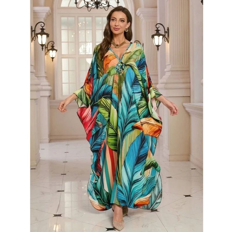 Moomoo Dresses for Women, Plus Size V Neck Batwing Sleeve Floral Kaftan Beach Cover Up Dress