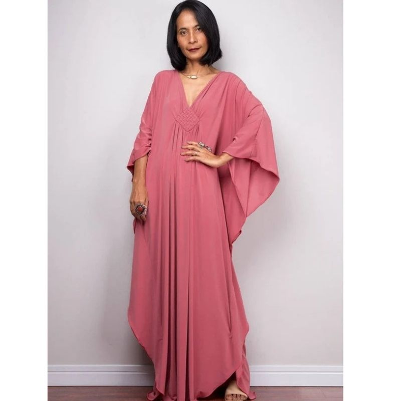 Moomoo Dresses for Women, Plus Size V Neck Long Batwing Sleeve Floral Beach Cover Up Dress