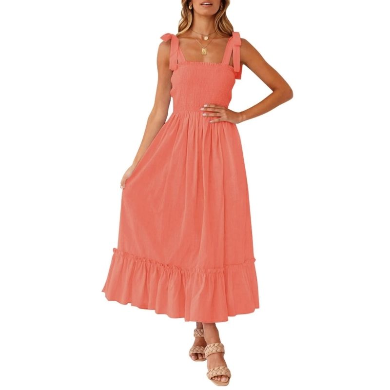 Womens Boho Maxi Dress, Square Neck Spaghetti Strap Ruffle a Line Beach Dress