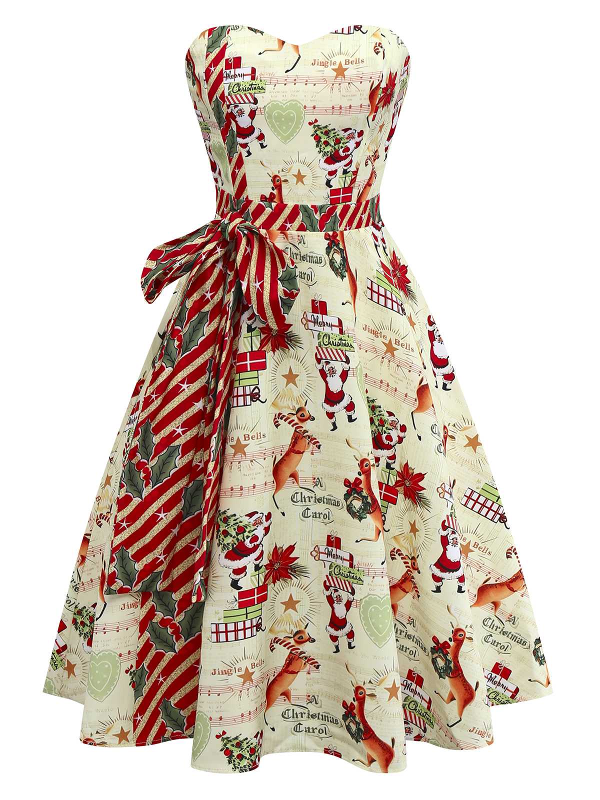 1950s Christmas Candy Cane Santa Bow Strapless Dress - vintage dress, retro fashion, rockabilly