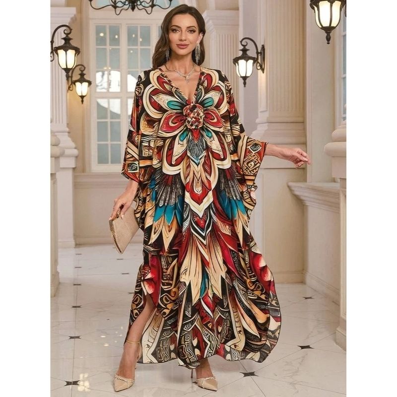 Moomoo Dresses for Women, Plus Size V Neck Batwing Sleeve Floral Kaftan Beach Cover Up Dress