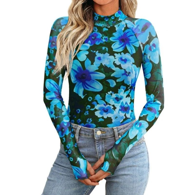 Womens Floral Lace Sheer Mesh Top - Slim Fit Lightweight Long Sleeve Top