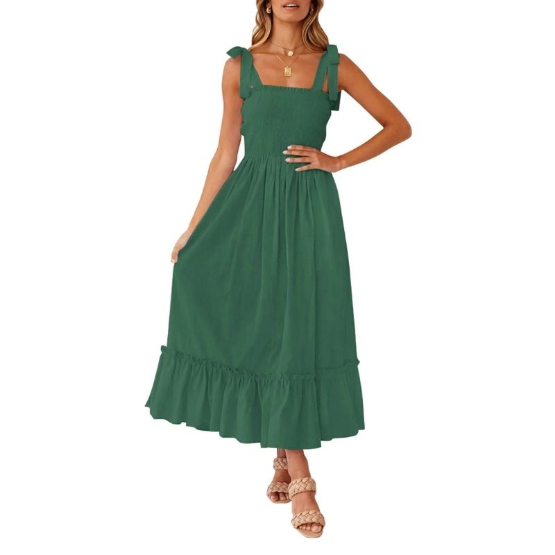 Womens Boho Maxi Dress, Square Neck Spaghetti Strap Ruffle a Line Beach Dress