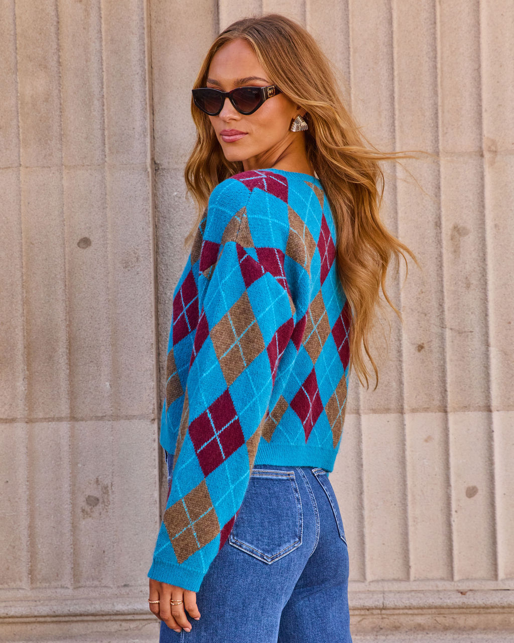 Argyle Pattern Cardigan with Brushed Knit and Button Front, Ribbed Trim