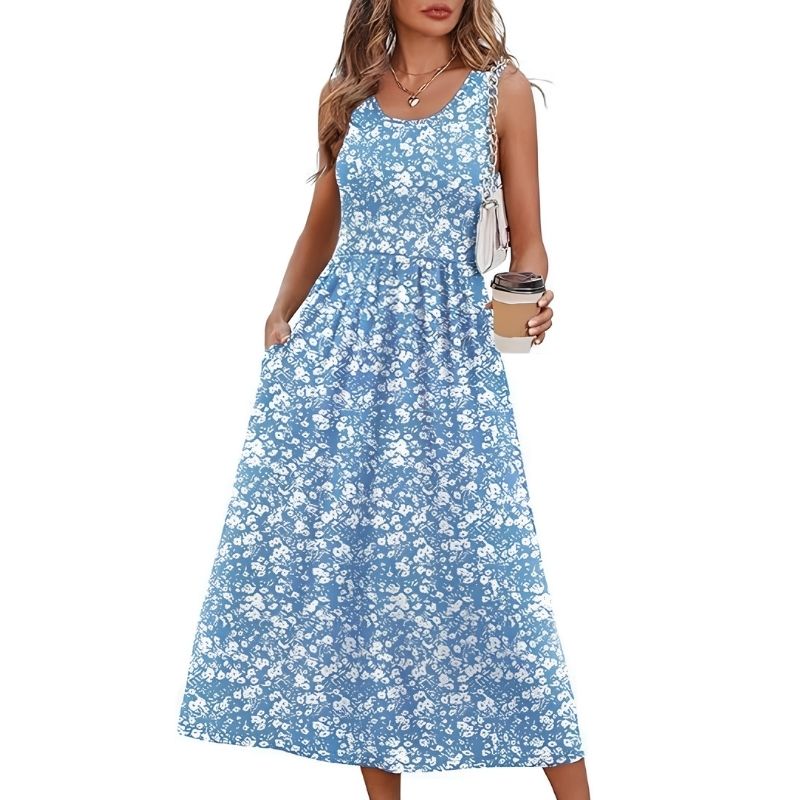Womens Flowy Midi Dress, Casual Beach Vacation Sundress with Pockets