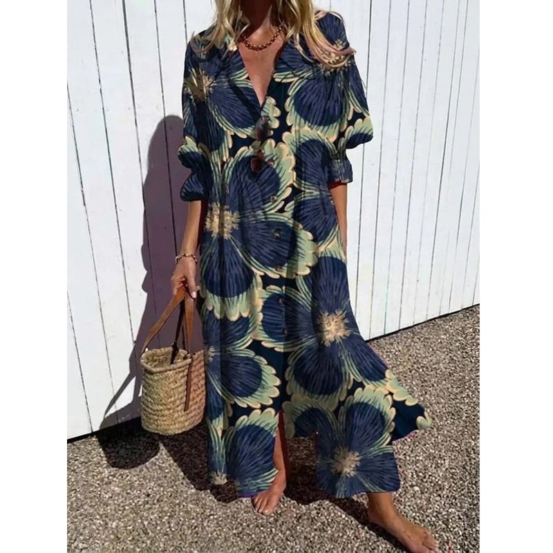 Womens Cotton Maxi Dress, Floral Casual Summer Beach Vacation Dress
