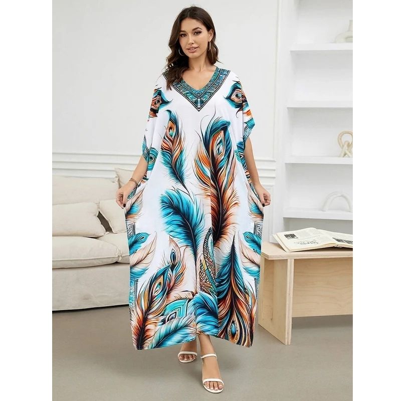 Moomoo Dresses for Women, Plus Size Loose Fit Moroccan Print V Neck Batwing Kaftan Beach Dress