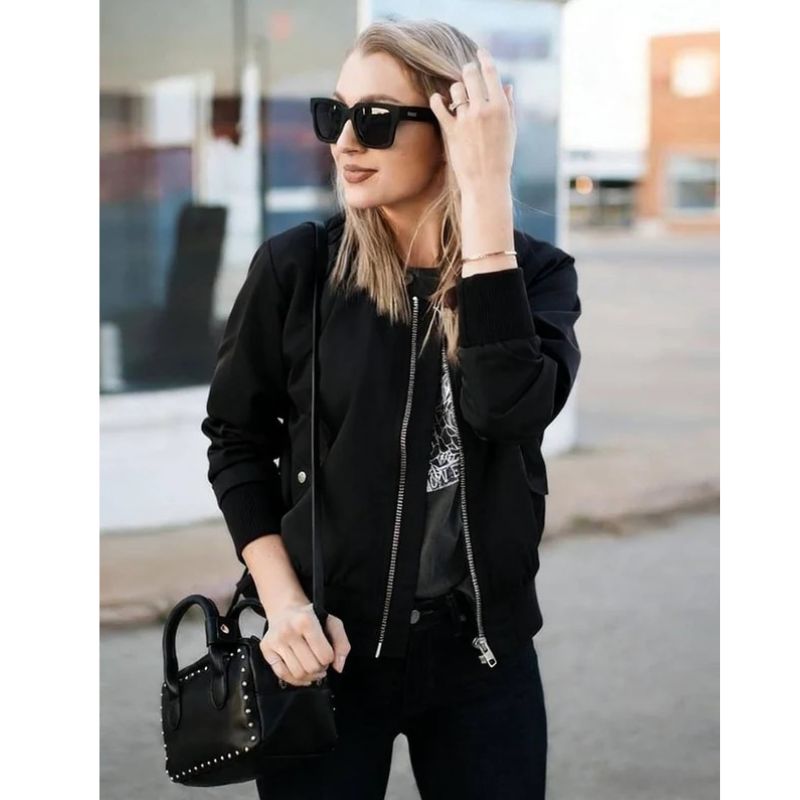 Womens Bomber Jacket, Zip Up Casual Coat with Pockets, Spring Fall Outerwear