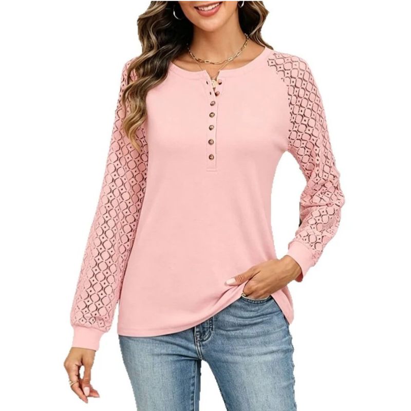 Womens Lace Long Sleeve Henley Top - Casual Fall Blouse
