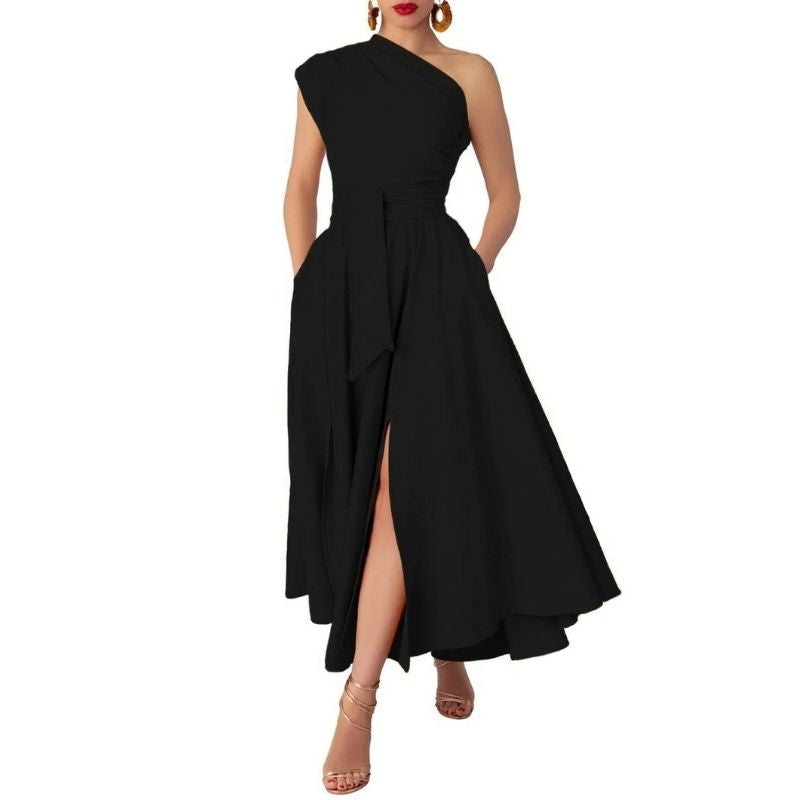 Womens One Shoulder Belted Maxi Dress, Elegant Formal Wedding Guest Dress with Pockets