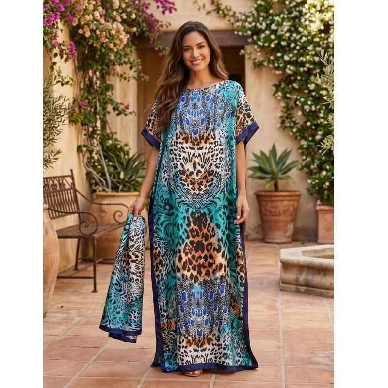 Moomoo Dresses for Women, Bohemian Printed Long Dress and Scarf Set Beach Vacation Matching Outfit
