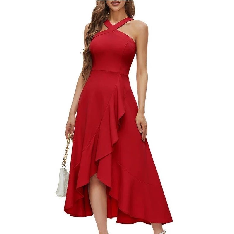 Womens Halter Formal Dress, Ruffled Hi Lo Maxi Wedding Guest and Bridesmaid Dress