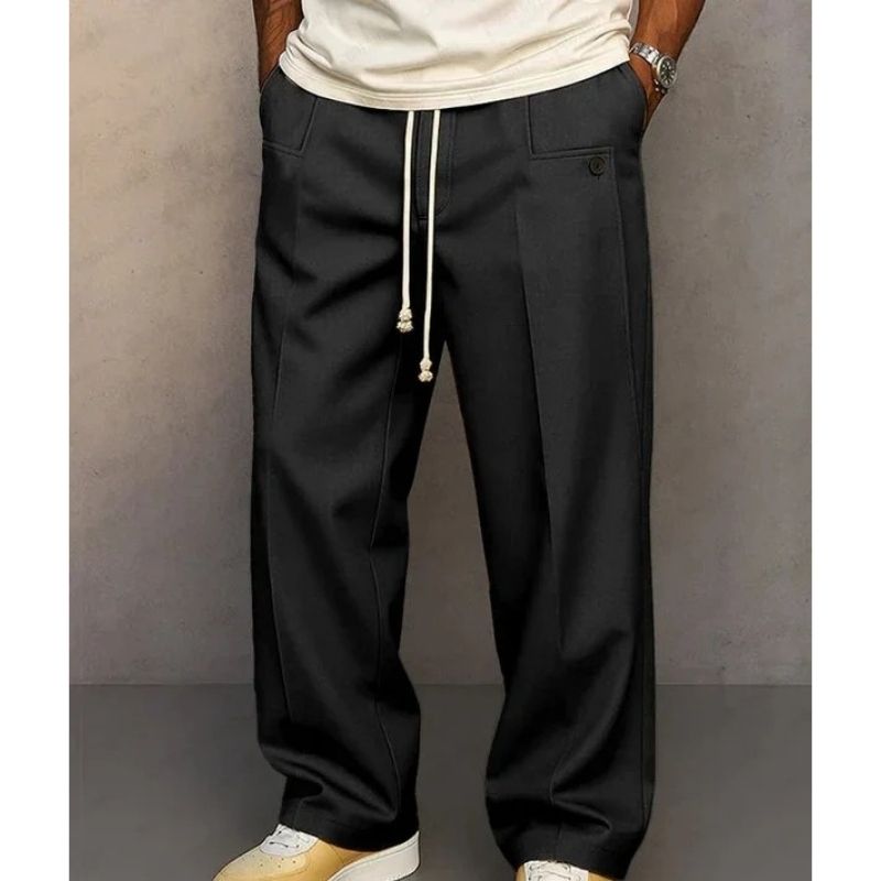 Mens Elegant Wide Leg Pants, Vintage Casual Straight Trousers, Loose Fit Drawstring Pleated Trousers with Pockets