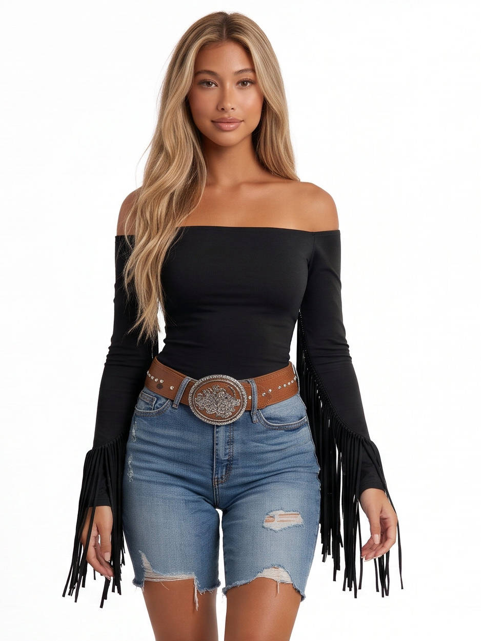 Womens One Shoulder Knit Top, Long Sleeve Fitted T Shirt with Fringe Detail, Casual Spring Knitwear for Everyday Wear and Outdoor Activities