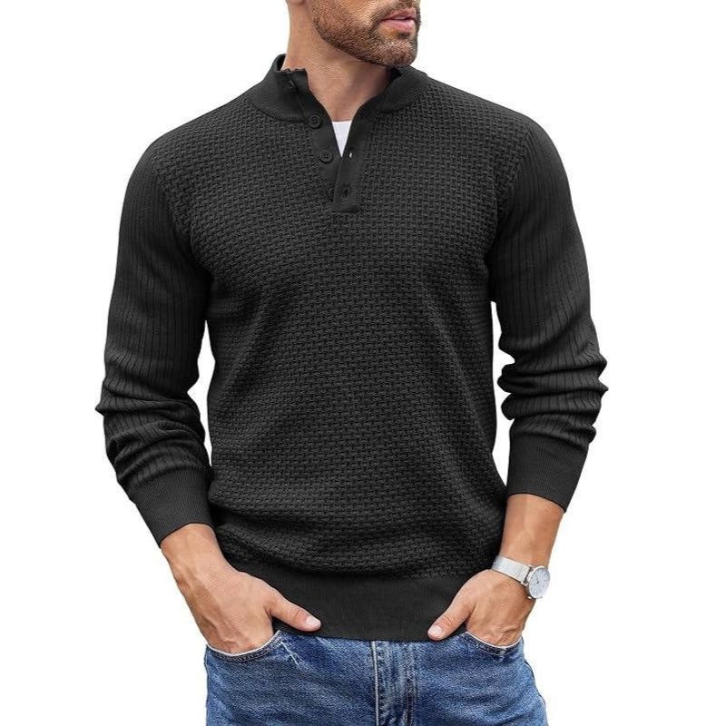 Mens Long Sleeve Henley Sweater, 4 Button Mock Neck Waffle Knit Pullover, Slim Fit Fall Winter Business Casual