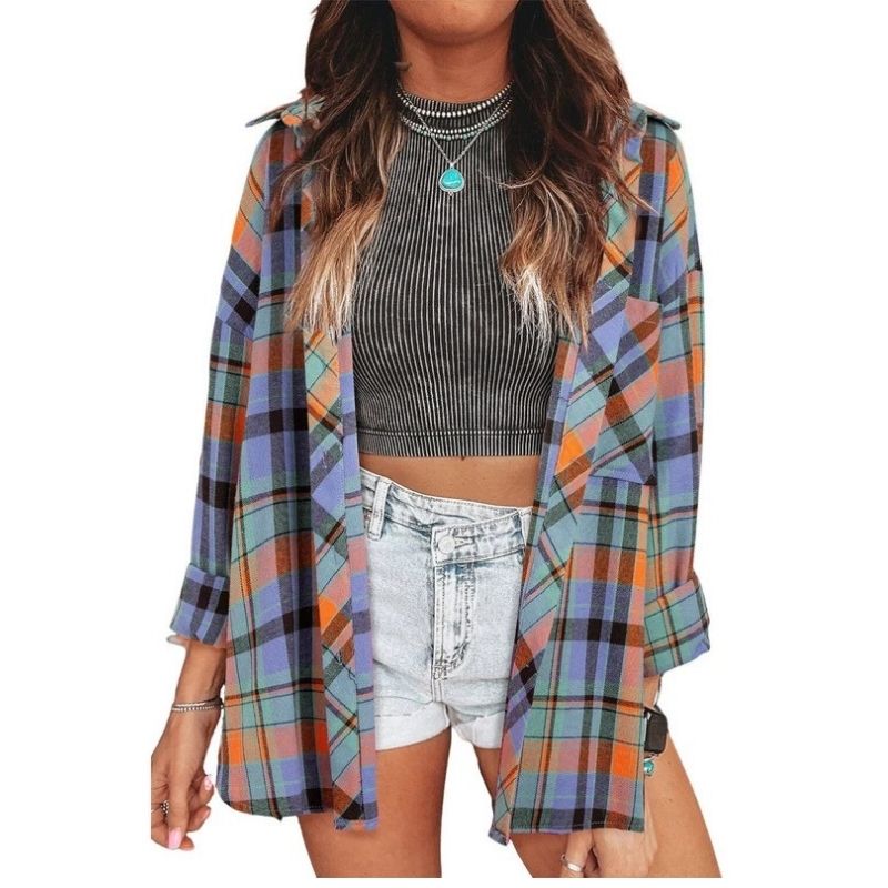 Plaid Flannel Shirts for Women, Buffalo Plaid Oversized Long Sleeve Casual Button Down Blouse Top