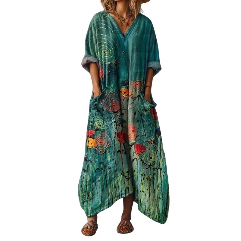 Womens Cotton Maxi Dress, Boho Print Front Pocket Casual Summer Dress