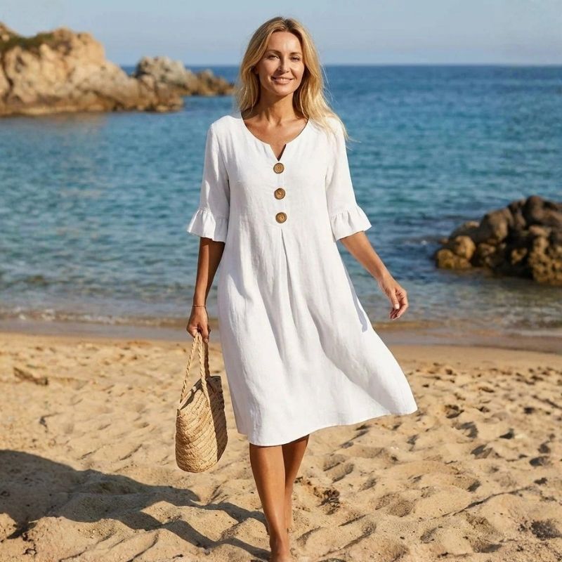 Womens Summer Dress, Ruffle Short Sleeve V Neck Midi Dress, Casual Lightweight Beach Sundress