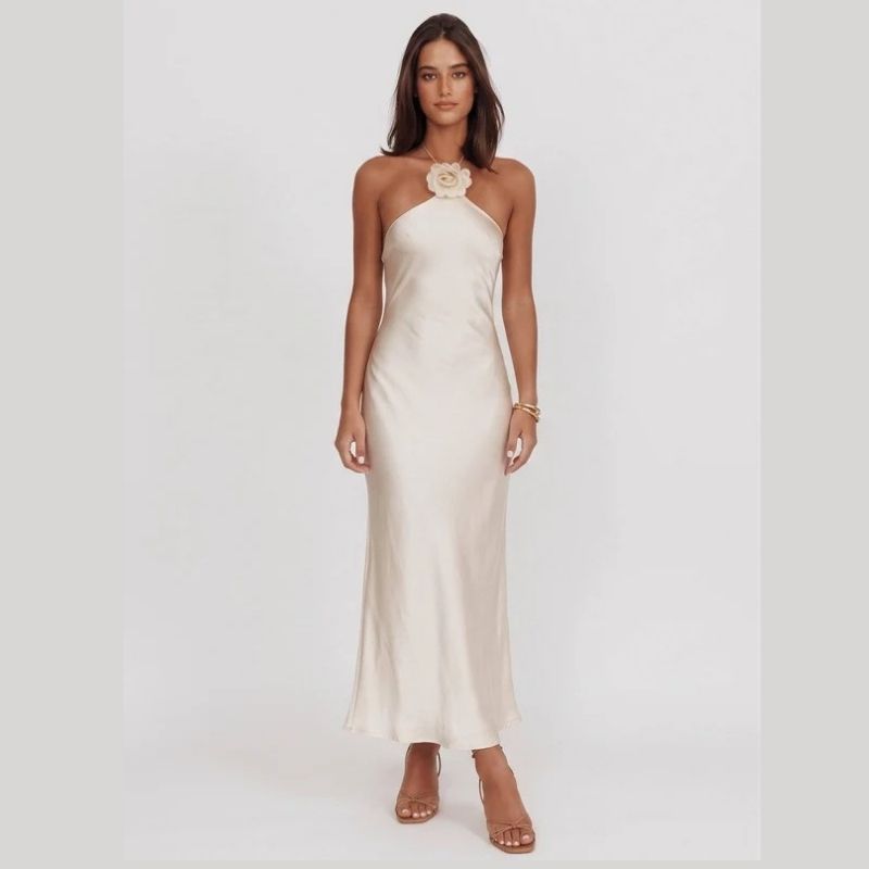 Womens Satin Halter Maxi Dress, Backless Sleeveless Wedding Guest Formal Dress