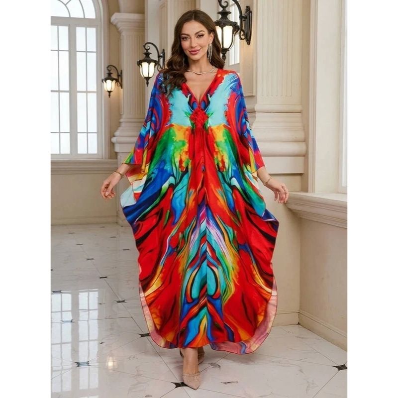 Moomoo Dresses for Women, Plus Size V Neck Batwing Sleeve Floral Kaftan Beach Cover Up Dress