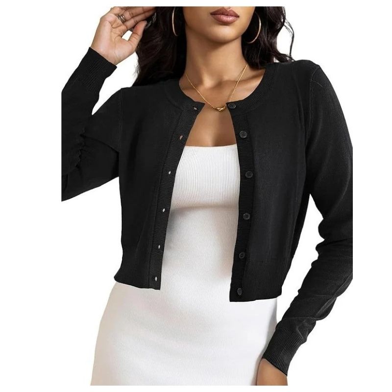 Cropped Cardigan Bolero Shrug for Women, Button Down Long Sleeve Knit Sweater for Dresses and Jeans