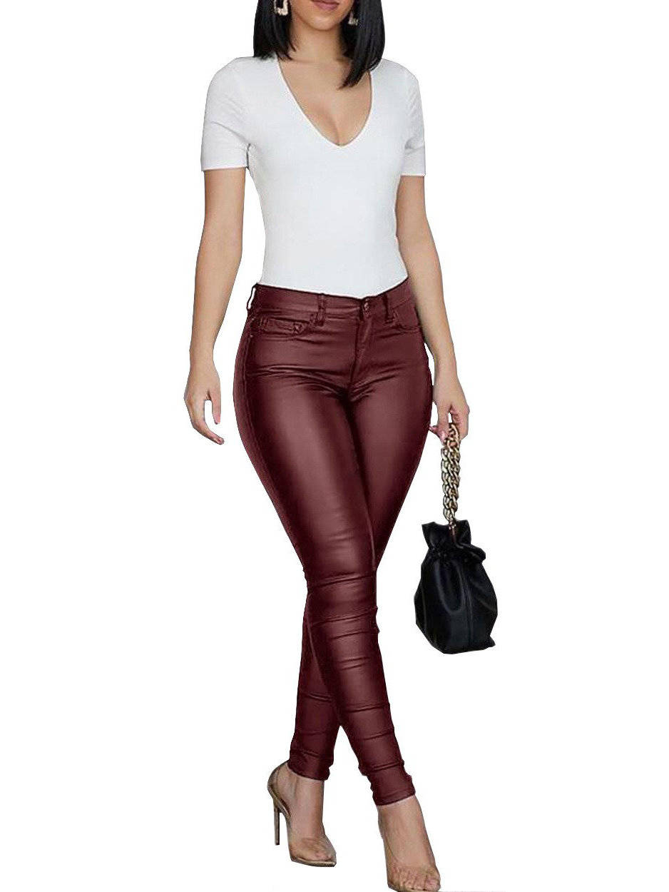 Womens Leather Pants, High Waist Skinny Thermal Lined Leggings, Casual Slim Fit Trousers