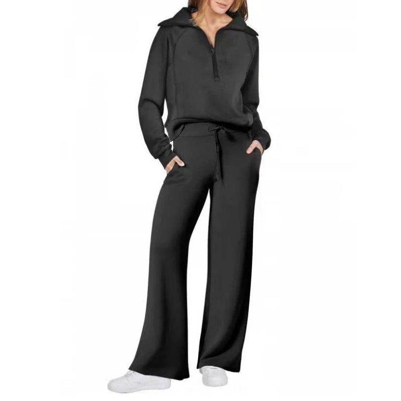 Womens 2 Piece Outfits, Casual Lapel Half Zip Sweatshirt and Wide Leg Pants Tracksuit Set