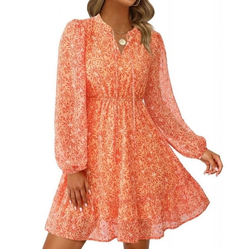 Womens Floral V-Neck Mini Dress - Long Sleeve Boho Flowy Dress