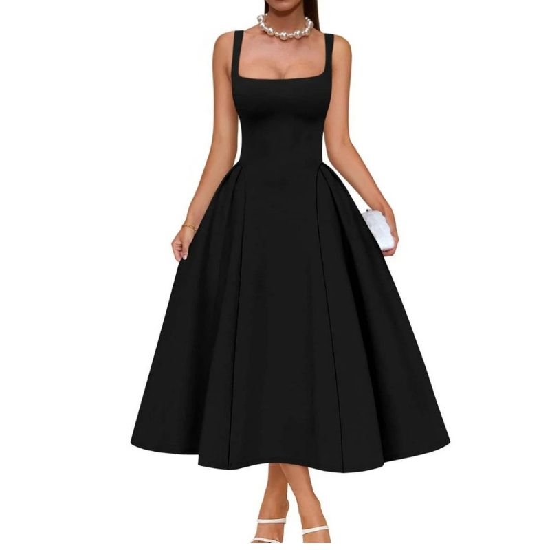 Womens Square Neck A Line Midi Dress, Elegant Wedding Guest and Evening Party Dress