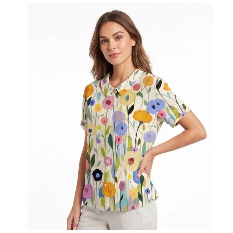 Womens Floral Print Linen Blouse, Vintage Peter Pan Collar Short Sleeve Shirt, Casual Lightweight Prairie Tops
