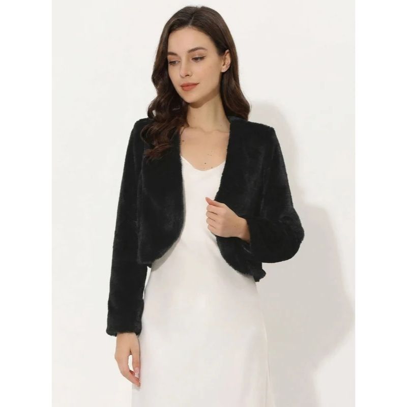 Womens Cropped Faux Fur Jacket, Long Sleeve Wedding Bolero Coat