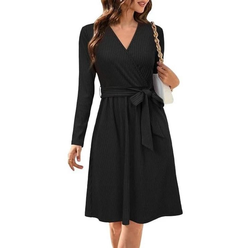 Women’s Fall Knit Midi Sweater Dress with Belt and Pockets