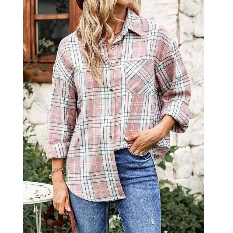 Oversized Flannel Shirt for Women, Long Sleeve Plaid Button Down Buffalo Shirt Blouse Top with One Pocket