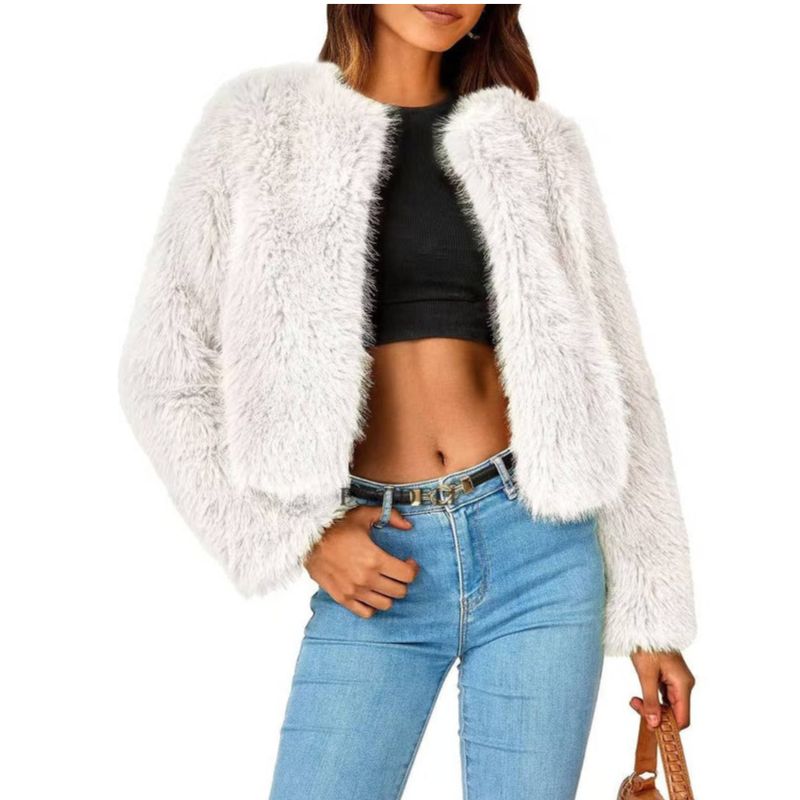 Womens Cropped Faux Fur Jacket, Fluffy Shaggy Long Sleeve Short Coat