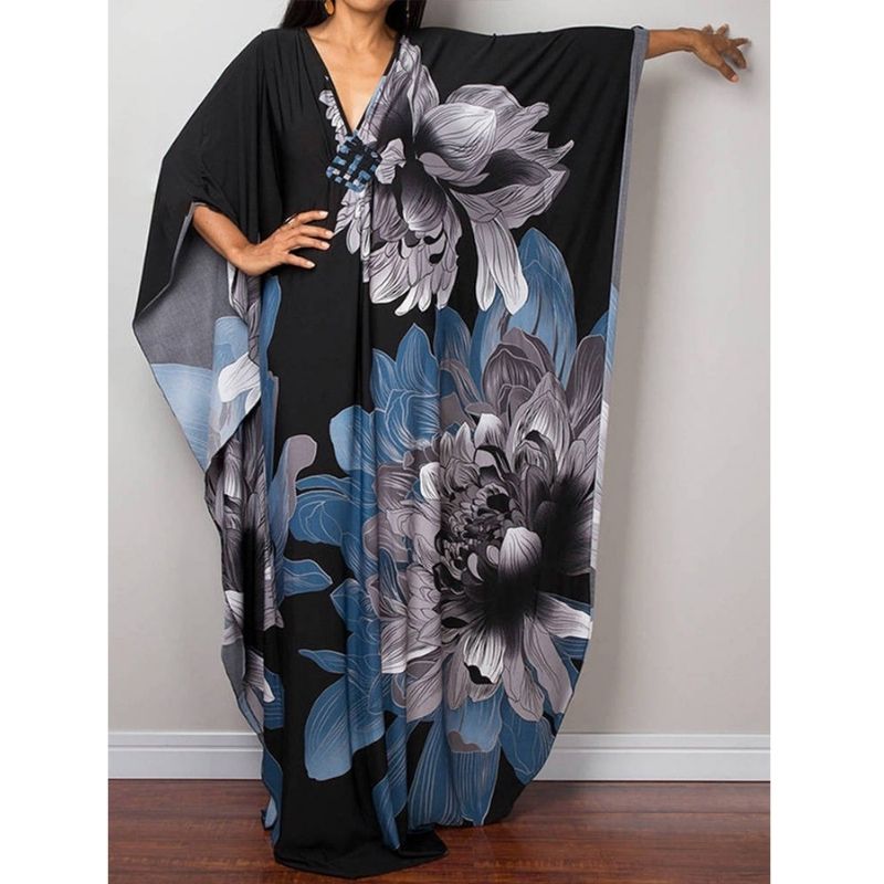 Moomoo Dresses for Women, Plus Size Ethnic Print Kaftan Dress, Mrs. Roper Bubu Mumu Boho Swimsuit Cover Up