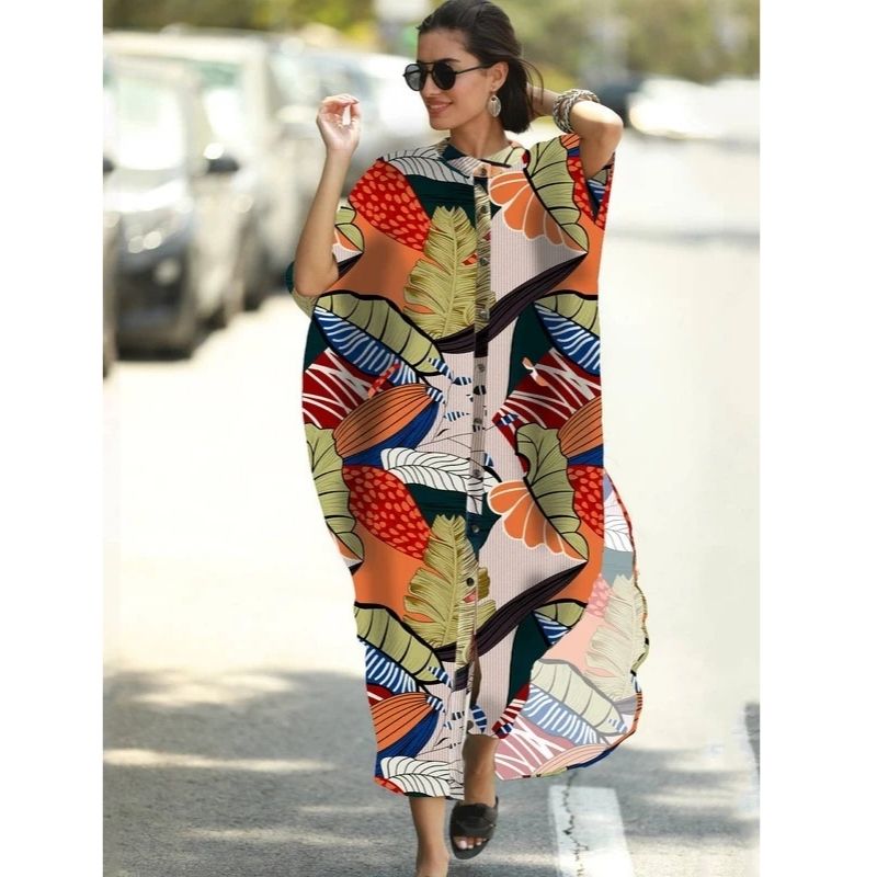 Moomoo Dresses for Women, Plus Size Ethnic Print Kaftan Dress, Mrs Roper Bubu Mumu Boho V Neck 3 Quarter Sleeve Tunic