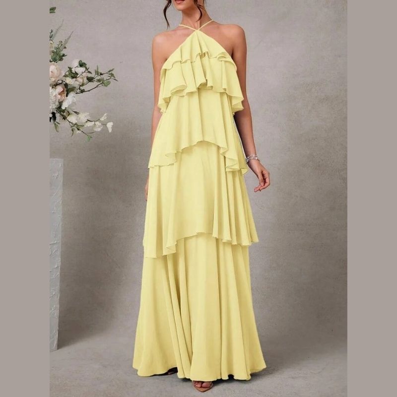 Womens Halter Backless Maxi Dress, Ruffle Layered Wedding Guest and Formal Dress