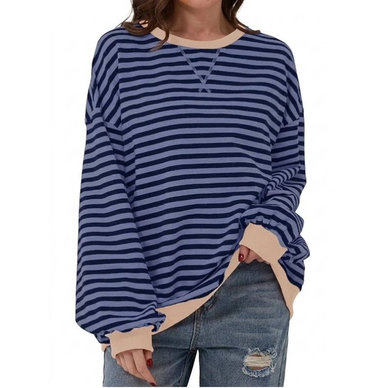 Womens Oversized Striped Crewneck Sweatshirt - Long Sleeve Pullover