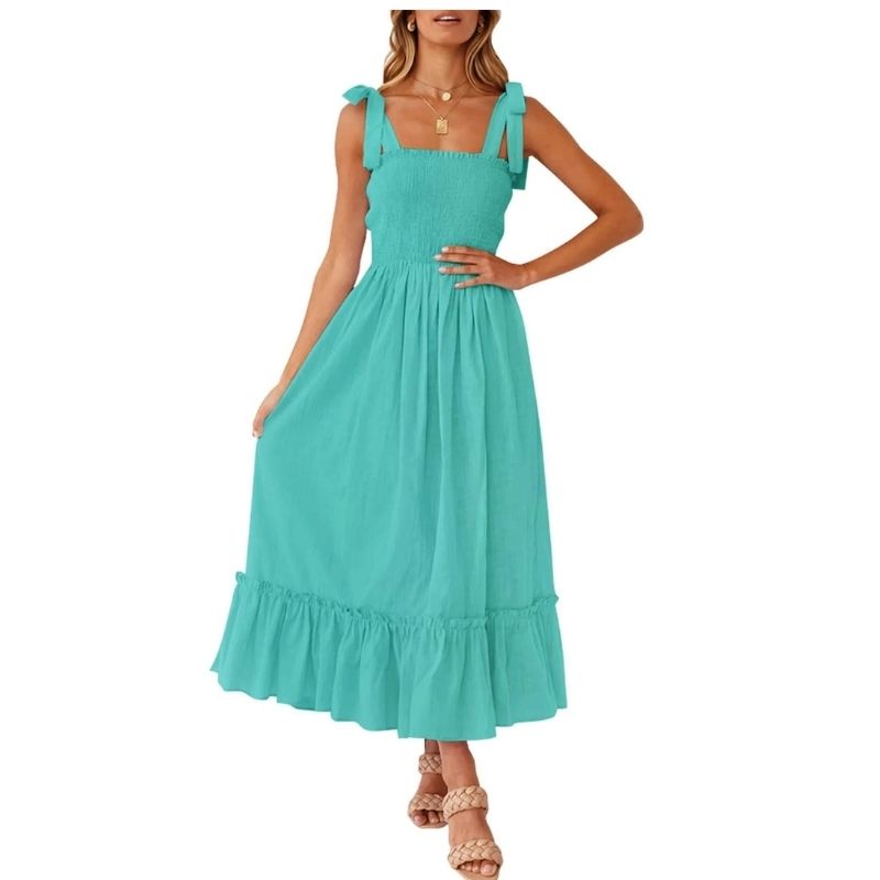 Womens Boho Maxi Dress, Square Neck Spaghetti Strap Ruffle a Line Beach Dress