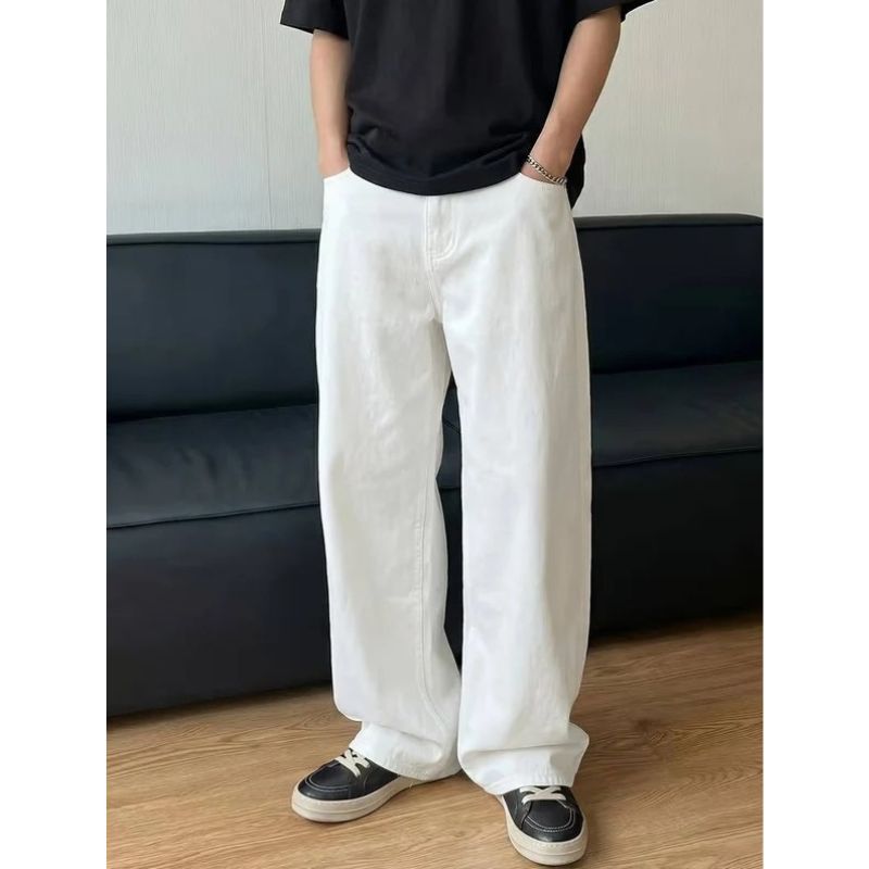 Mens Beige Wide Leg Jeans, Loose Fit Baggy Denim, Hip Hop Streetwear Pants with Pockets