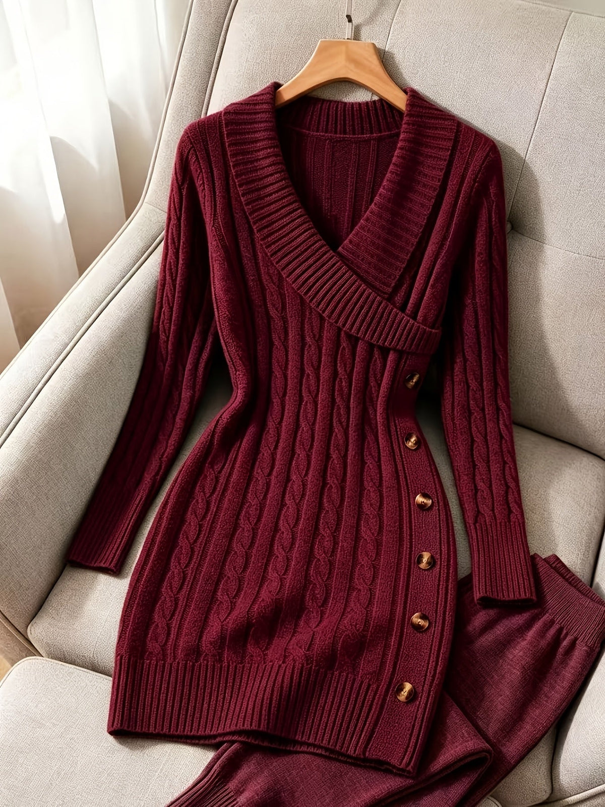 Cable Knit Midi Dress with Crossover V-Neckline and Side Button Closure