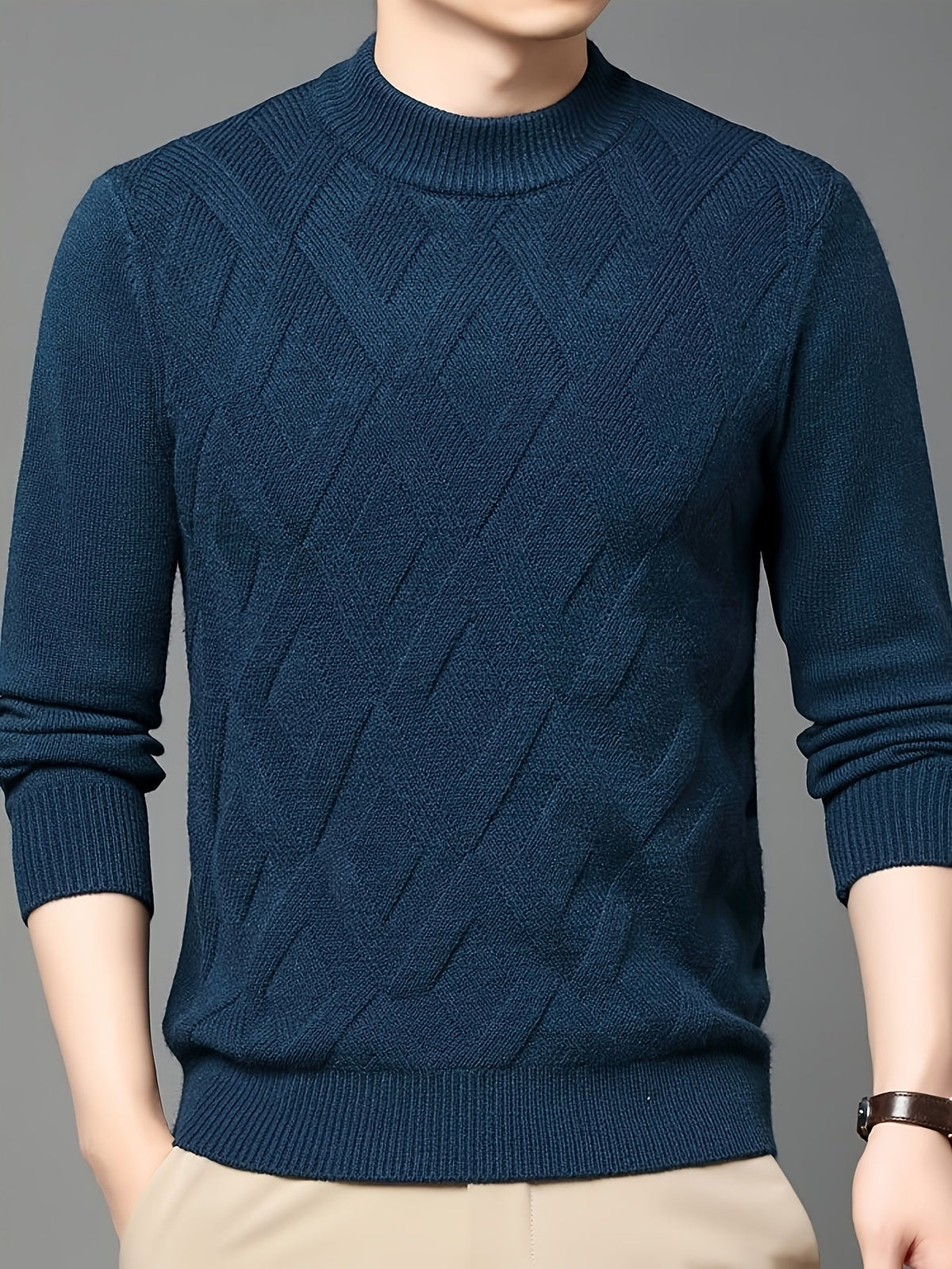 Mock Neck Sweater with Diagonal Knit Texture and Ribbed Collar