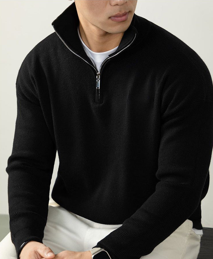 Mens Half Zip Knit Sweater with Adjustable Neckline and Breathable Yarn, Business Casual