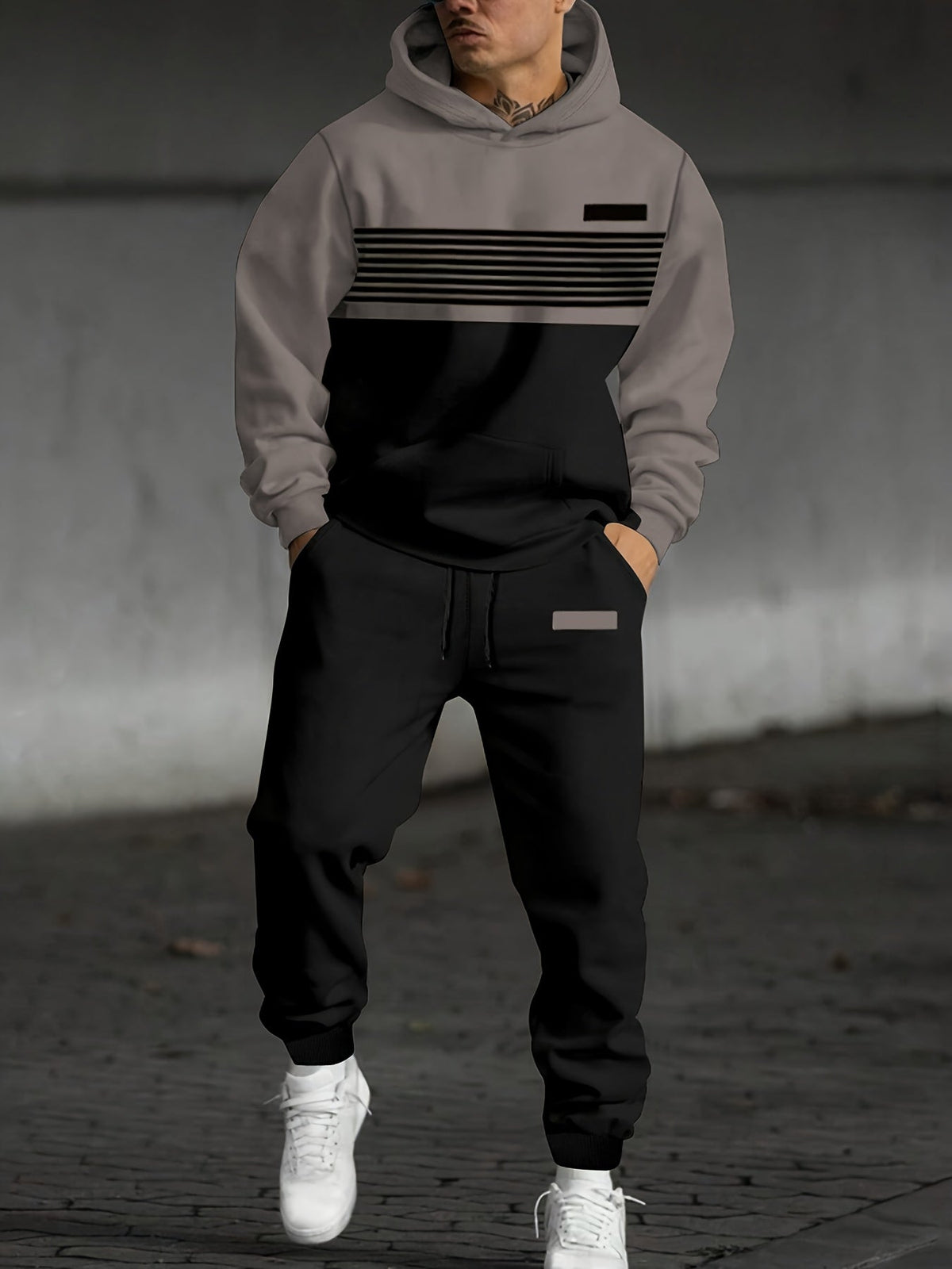 Color Block Hoodie and Joggers Set with Relaxed Fit and Full Sleeve Coverage